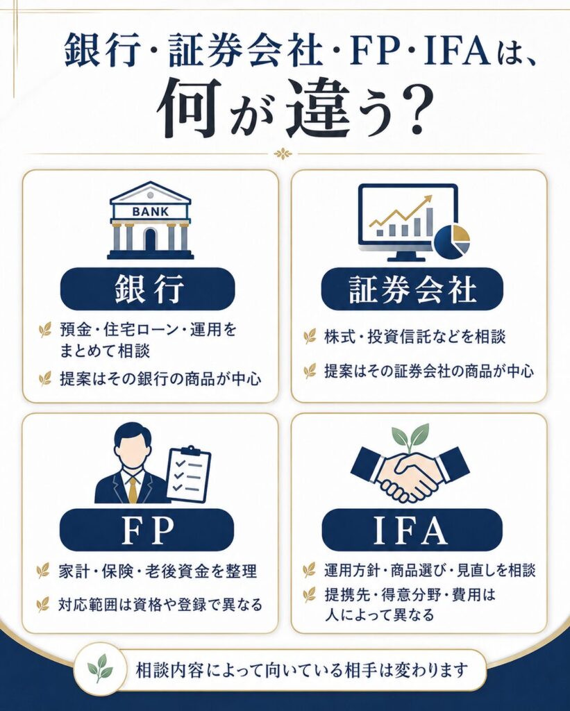 銀行・証券会社・FP・IFAの違いをまとめた図。銀行は預金・住宅ローン・運用をまとめて相談、証券会社は株式・投資信託などを相談、FPは家計・保険・老後資金を整理、IFAは運用方針・商品選び・見直しを相談。相談内容によって向いている相手は変わる